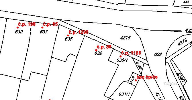 Kuřim 86 na parcele st. 632 v KÚ Kuřim, Katastrální mapa