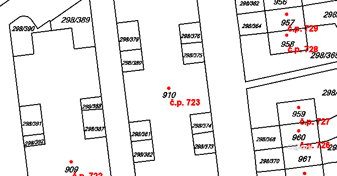 Horoměřice 723 na parcele st. 910 v KÚ Horoměřice, Katastrální mapa