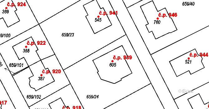 Hlubočinka 939, Sulice na parcele st. 605 v KÚ Sulice, Katastrální mapa