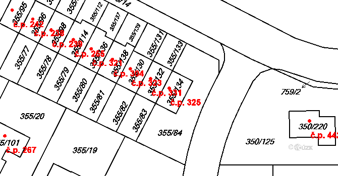 Červený Hrádek 325, Plzeň na parcele st. 355/134 v KÚ Červený Hrádek u Plzně, Katastrální mapa