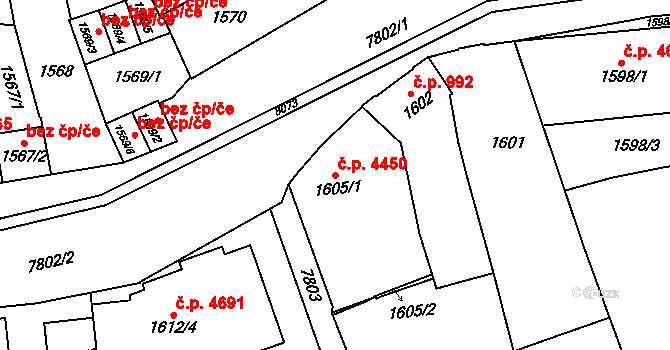 Prostějov 4450 na parcele st. 1605/1 v KÚ Prostějov, Katastrální mapa