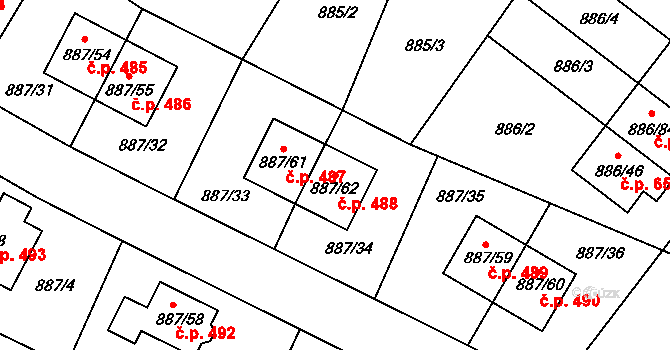 Jirny 488 na parcele st. 887/62 v KÚ Jirny, Katastrální mapa