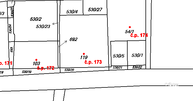 Lhota 173 na parcele st. 119 v KÚ Lhota u Kamenných Žehrovic, Katastrální mapa