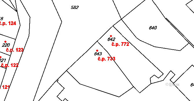 Jemnice 733 na parcele st. 643 v KÚ Jemnice, Katastrální mapa