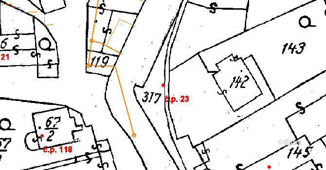 Dolní Heřmanice 23 na parcele st. 142 v KÚ Dolní Heřmanice, Katastrální mapa