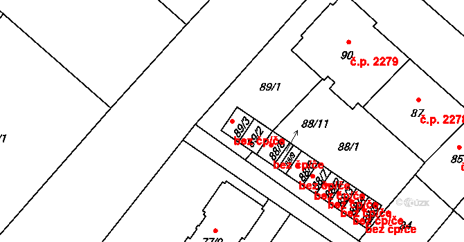 Opava 38086468 na parcele st. 89/3 v KÚ Opava-Předměstí, Katastrální mapa