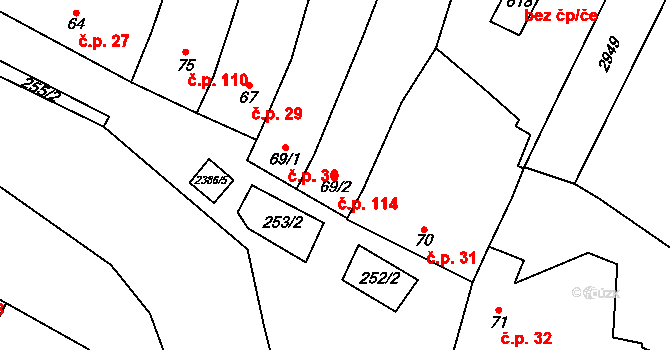 Suchá Loz 114 na parcele st. 69/2 v KÚ Suchá Loz, Katastrální mapa