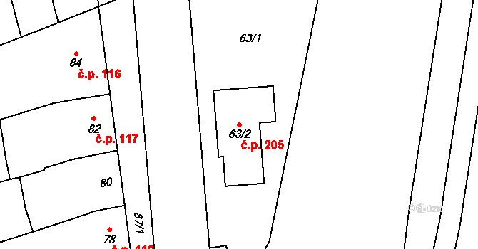 Cvrčovice 205 na parcele st. 63/2 v KÚ Cvrčovice u Pohořelic, Katastrální mapa