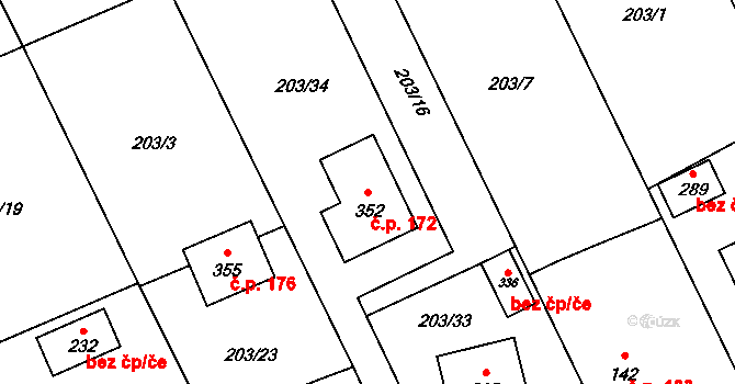 Hluboká u Borovan 172, Borovany na parcele st. 352 v KÚ Hluboká u Borovan, Katastrální mapa
