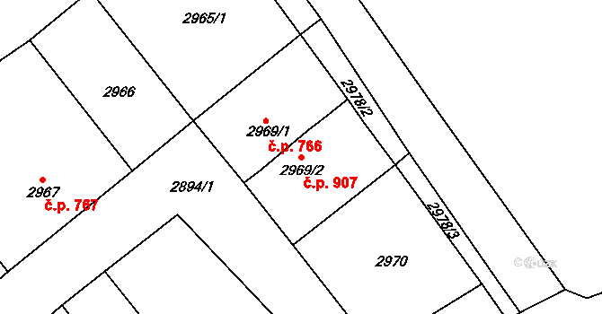 Protivín 907 na parcele st. 2969/2 v KÚ Protivín, Katastrální mapa