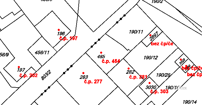 Neratovice 454 na parcele st. 485 v KÚ Neratovice, Katastrální mapa