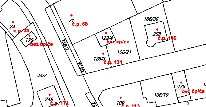 Drahelčice 131 na parcele st. 129/3 v KÚ Drahelčice, Katastrální mapa