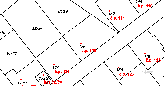 Hornická Čtvrť 118, Chvaletice na parcele st. 175 v KÚ Chvaletice, Katastrální mapa