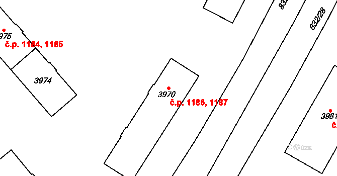 Bílé Předměstí 1186,1187, Pardubice na parcele st. 3970 v KÚ Pardubice, Katastrální mapa