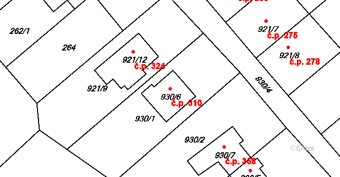 Olomučany 310 na parcele st. 930/6 v KÚ Olomučany, Katastrální mapa