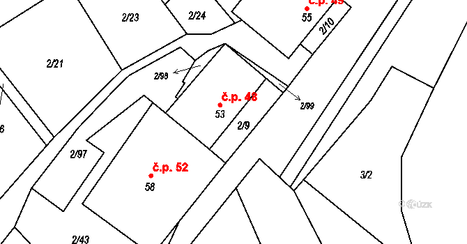 Housko 48, Vysočany na parcele st. 53 v KÚ Housko, Katastrální mapa