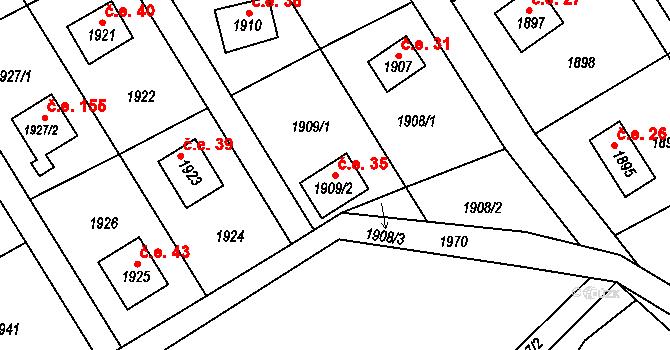 Želechovice nad Dřevnicí 35 na parcele st. 1909/2 v KÚ Želechovice nad Dřevnicí, Katastrální mapa