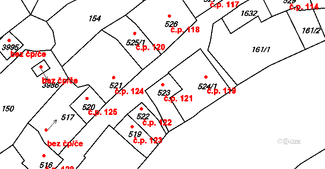 Plešivec 121, Český Krumlov na parcele st. 523 v KÚ Český Krumlov, Katastrální mapa