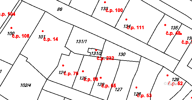 Velké Chvalovice 232, Pečky na parcele st. 131/2 v KÚ Velké Chvalovice, Katastrální mapa