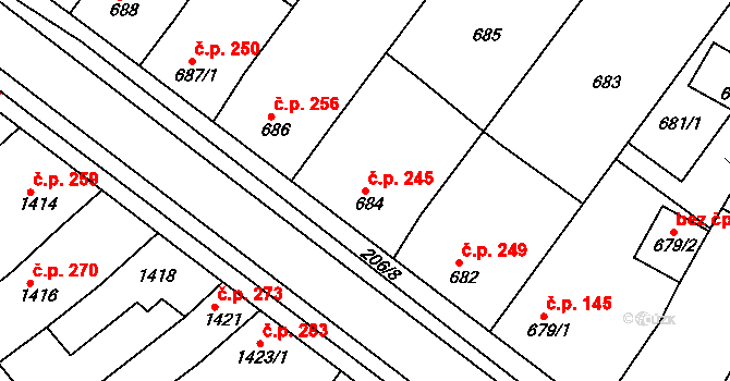 Hrušky 245 na parcele st. 684 v KÚ Hrušky, Katastrální mapa