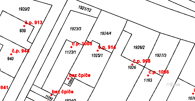 Bystřice pod Hostýnem 914 na parcele st. 1025/1 v KÚ Bystřice pod Hostýnem, Katastrální mapa