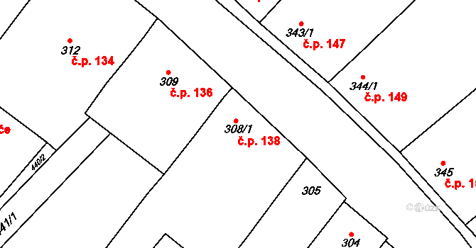 Olbramovice 138 na parcele st. 308/1 v KÚ Olbramovice u Moravského Krumlova, Katastrální mapa