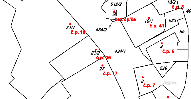 Tupec 36, Veselíčko na parcele st. 21/2 v KÚ Tupec, Katastrální mapa