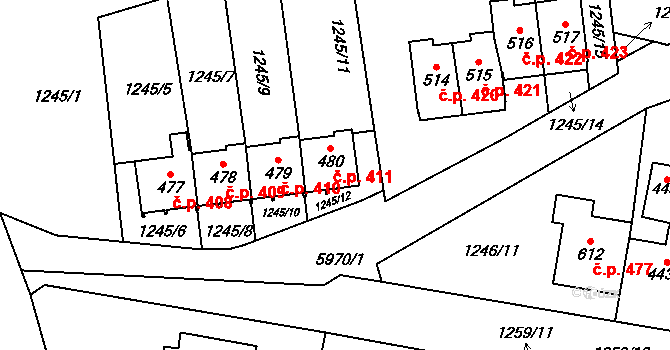 Kamenice 411 na parcele st. 480 v KÚ Kamenice u Jihlavy, Katastrální mapa