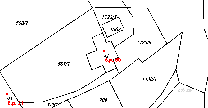 Kuří 50, Benešov nad Černou na parcele st. 42 v KÚ Kuří, Katastrální mapa