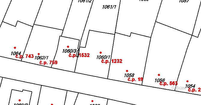 Vracov 1232 na parcele st. 1060/1 v KÚ Vracov, Katastrální mapa