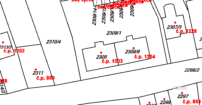 Slavíkovice 1303, Rousínov na parcele st. 2308 v KÚ Rousínov u Vyškova, Katastrální mapa