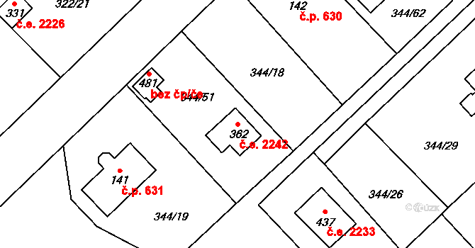 Struhařov 2242, Kamenice na parcele st. 362 v KÚ Štiřín, Katastrální mapa