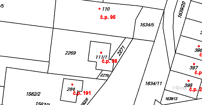 Břilice 98, Třeboň na parcele st. 111/1 v KÚ Břilice, Katastrální mapa