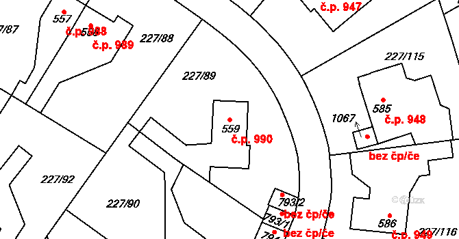 Švermov 990, Kladno na parcele st. 559 v KÚ Hnidousy, Katastrální mapa
