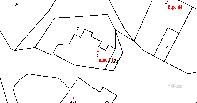 Tetín 11 na parcele st. 1 v KÚ Tetín, Katastrální mapa