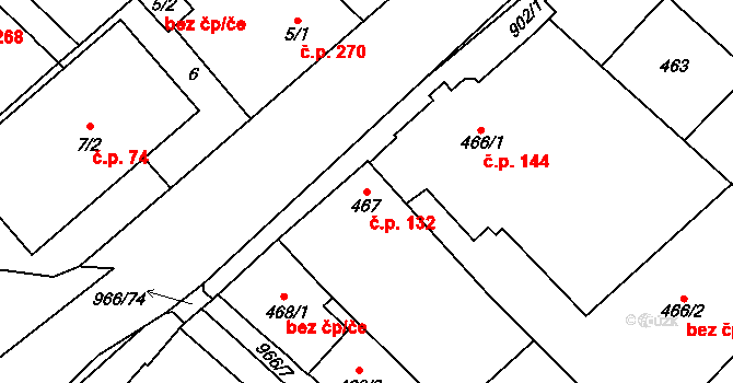 Milovice 132 na parcele st. 467 v KÚ Milovice nad Labem, Katastrální mapa