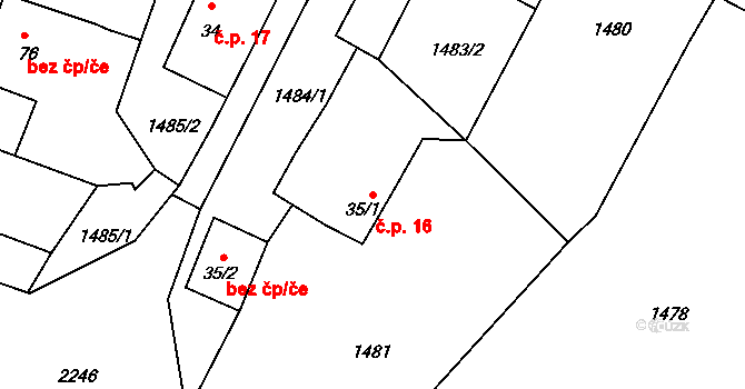 Chotěbudice 16 na parcele st. 35/1 v KÚ Chotěbudice, Katastrální mapa