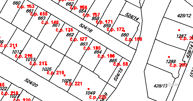 Stařečka 186, Třebíč na parcele st. 864 v KÚ Třebíč, Katastrální mapa