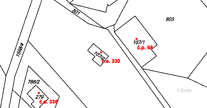 Mukařov 330, Malá Skála na parcele st. 107/2 v KÚ Mukařov u Jablonce nad Nisou, Katastrální mapa