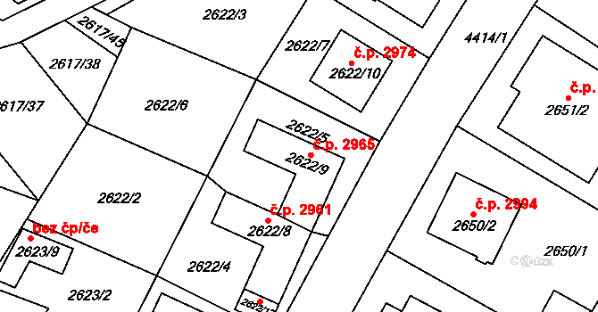 Teplice 2965 na parcele st. 2622/9 v KÚ Teplice, Katastrální mapa