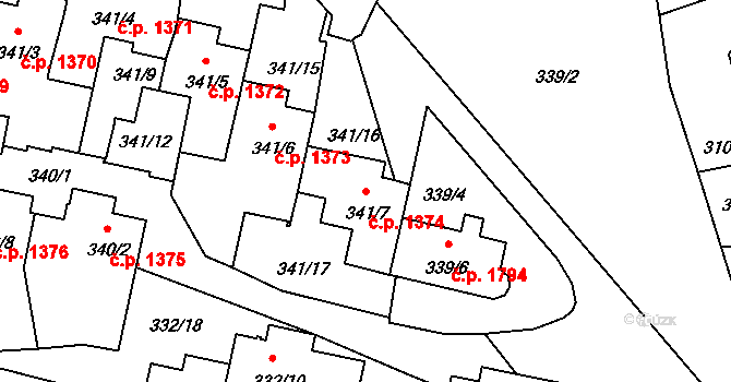 Braník 1374, Praha na parcele st. 341/7 v KÚ Braník, Katastrální mapa