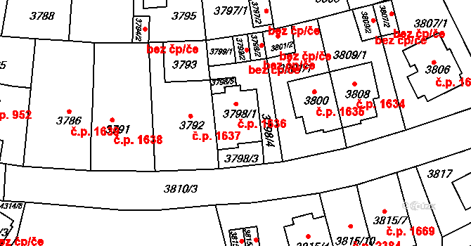 Strašnice 1636, Praha na parcele st. 3798/1 v KÚ Strašnice, Katastrální mapa