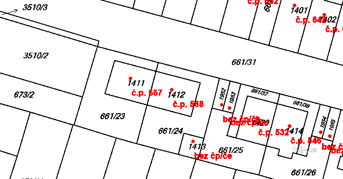Rosice 568 na parcele st. 1412 v KÚ Rosice u Brna, Katastrální mapa