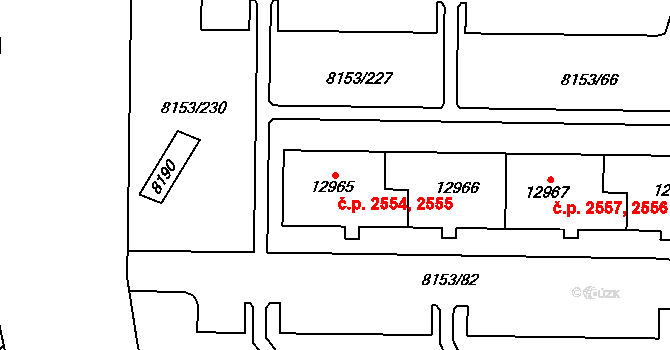 Jižní Předměstí 2554,2555, Plzeň na parcele st. 12965 v KÚ Plzeň, Katastrální mapa