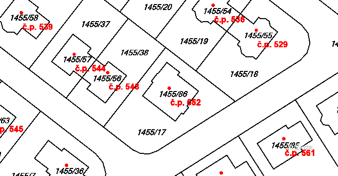 Troubsko 652 na parcele st. 1455/86 v KÚ Troubsko, Katastrální mapa