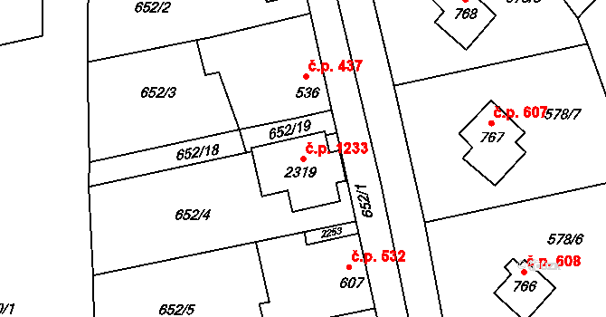 Malenovice 1233, Zlín na parcele st. 2319 v KÚ Malenovice u Zlína, Katastrální mapa