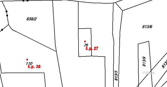 Velké Skaliny 27, Benešov nad Černou na parcele st. 78 v KÚ Dluhoště, Katastrální mapa