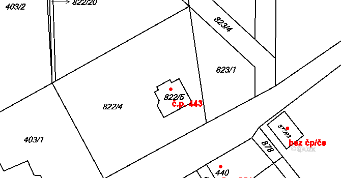 Jirny 443 na parcele st. 822/5 v KÚ Jirny, Katastrální mapa