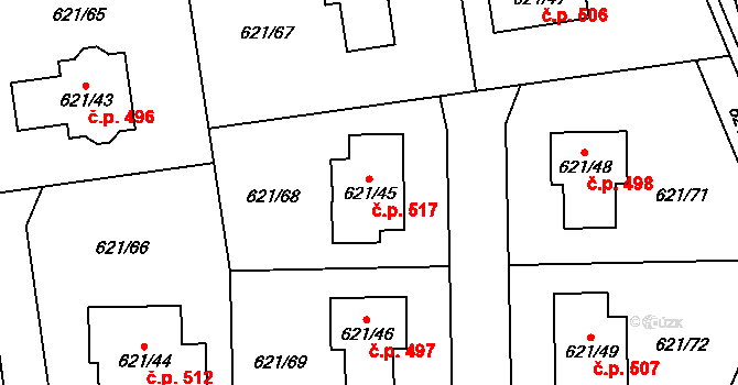 Dolní Měcholupy 517, Praha na parcele st. 621/45 v KÚ Dolní Měcholupy, Katastrální mapa