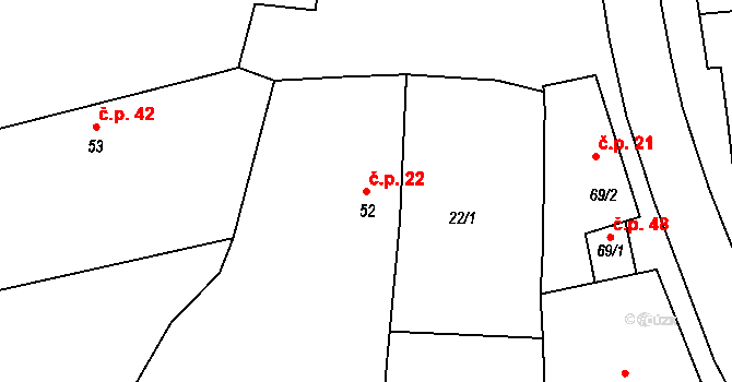 Kožichovice 22 na parcele st. 52 v KÚ Kožichovice, Katastrální mapa